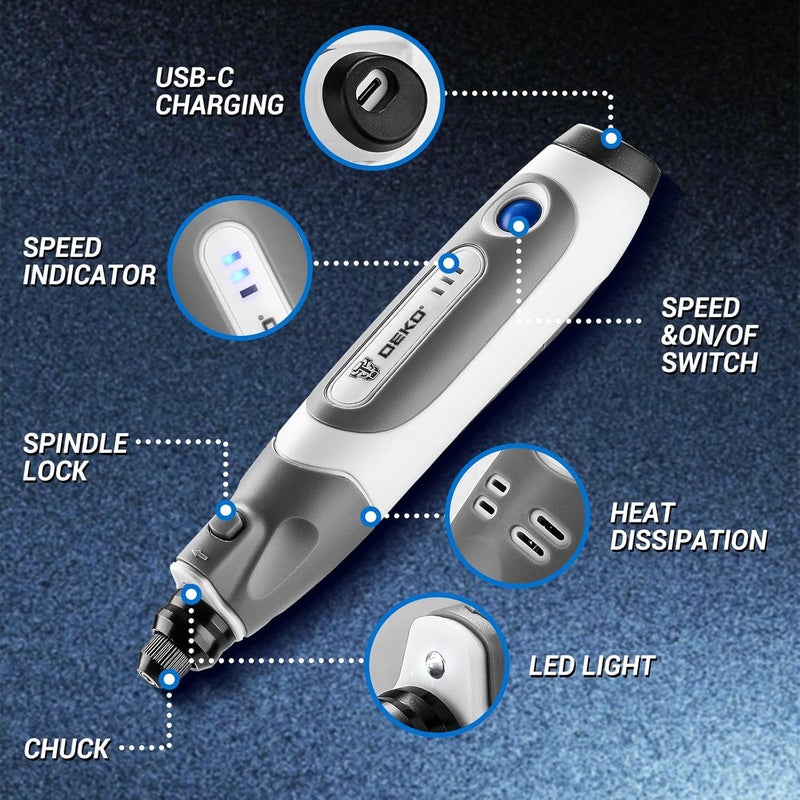 DEKOPRO Mini Cordless Rotary Tool: 3.7V Rotary Tool Variable Speed Display with Type-C Charging, Power Rotary Tool with 70 Accessories for Sanding, Engraving, Polishing, Drilling, Cutting, DIY (Blue) - Image 3